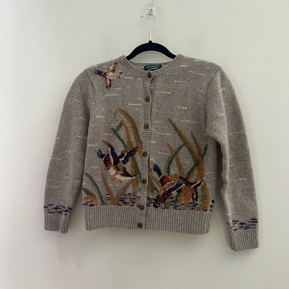 Lauren Ralph Lauren Taupe & Multicolor Embroidered Duck Cardigan - Picture 4 of 11